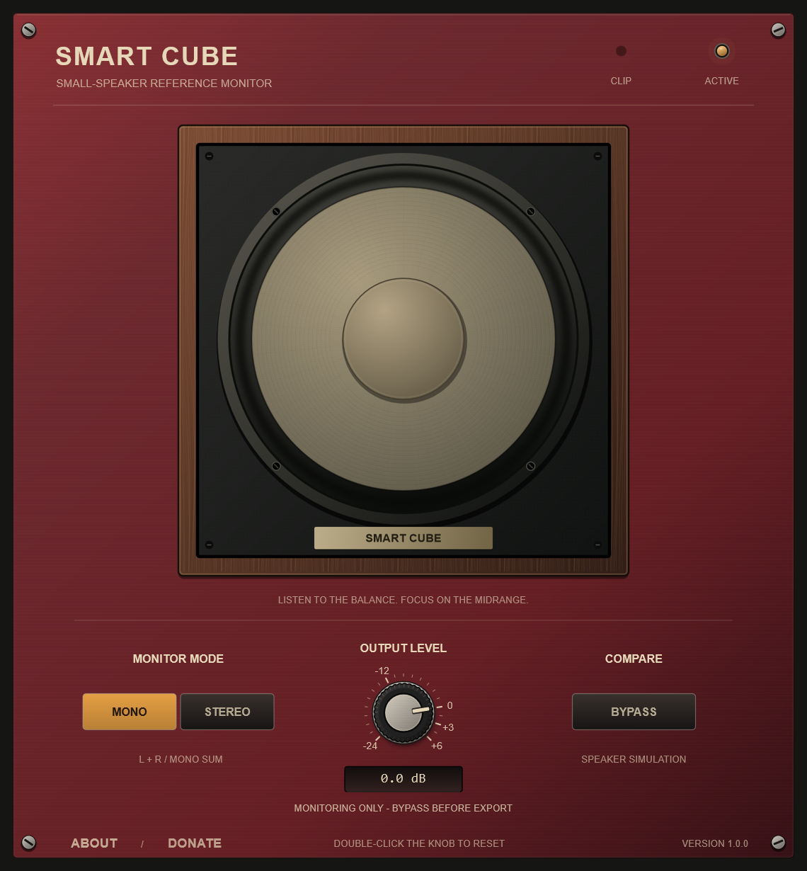 Smart Cube small-speaker monitoring interface with MONO and STEREO modes, OUTPUT LEVEL control, BYPASS, ACTIVE and CLIP indicators