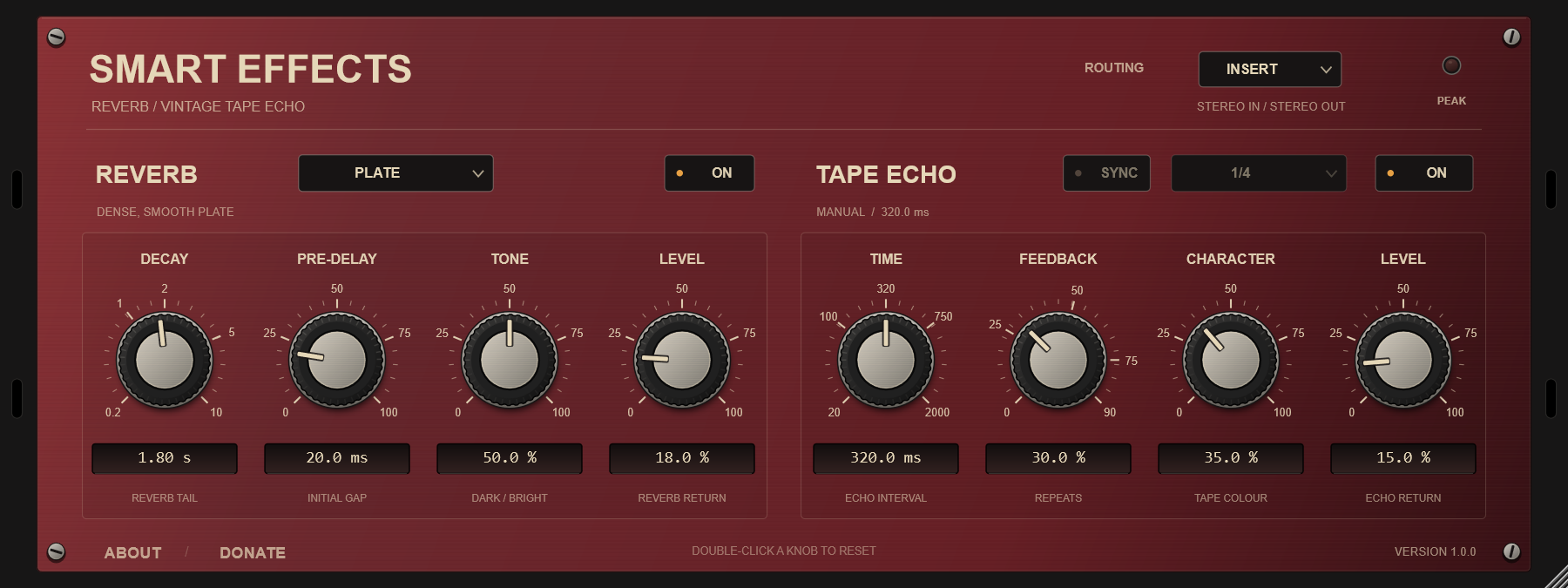 Smart Effects interface with ROOM, PLATE and HALL reverb modes, vintage tape echo, tempo sync and independent effect levels