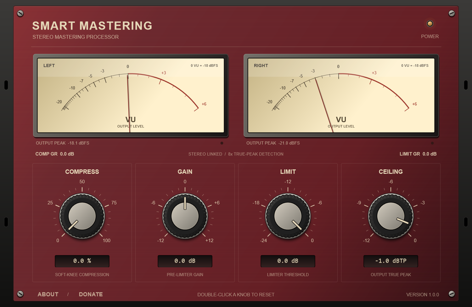 Smart Mastering interface with two VU meters and COMPRESS, GAIN, LIMIT and CEILING controls
