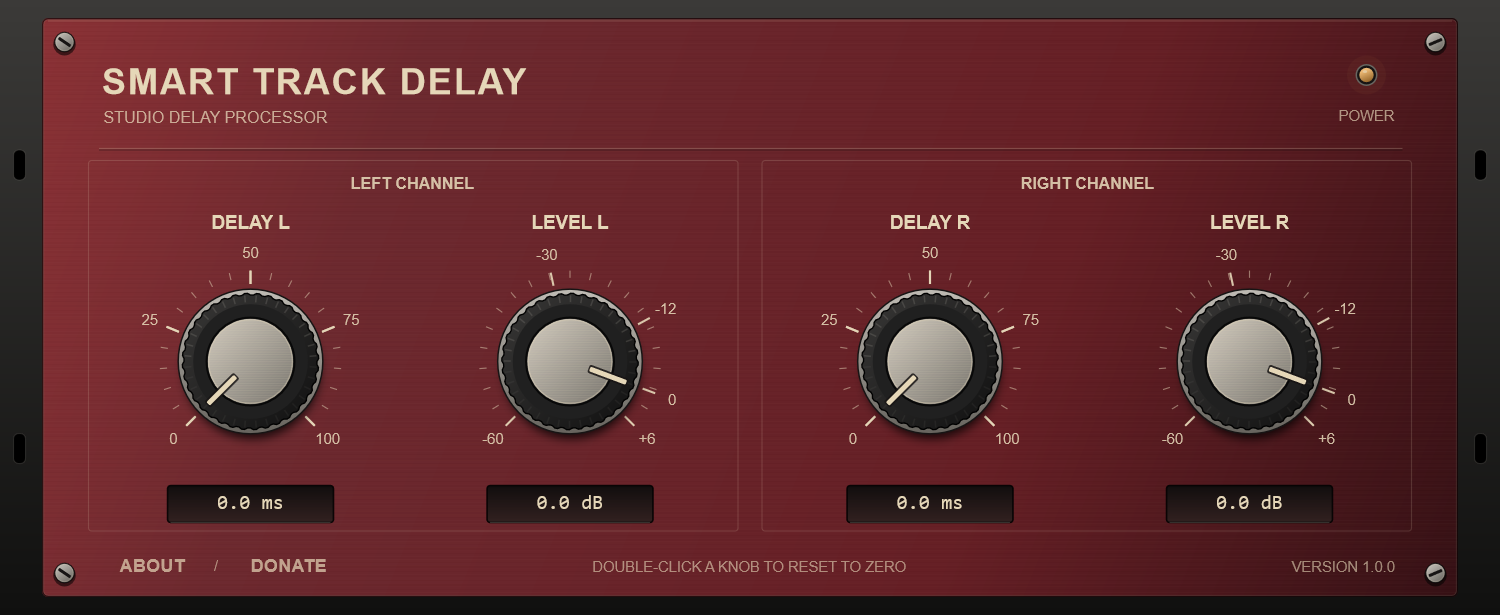 Smart Track Delay interface: DELAY L, LEVEL L, DELAY R and LEVEL R controls